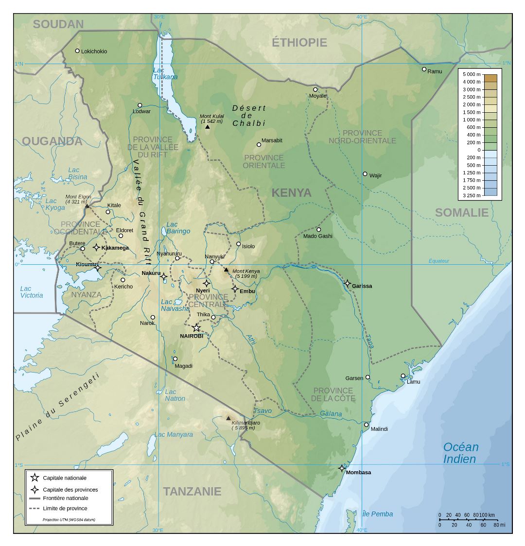 Большая детальная физическая карта Кении