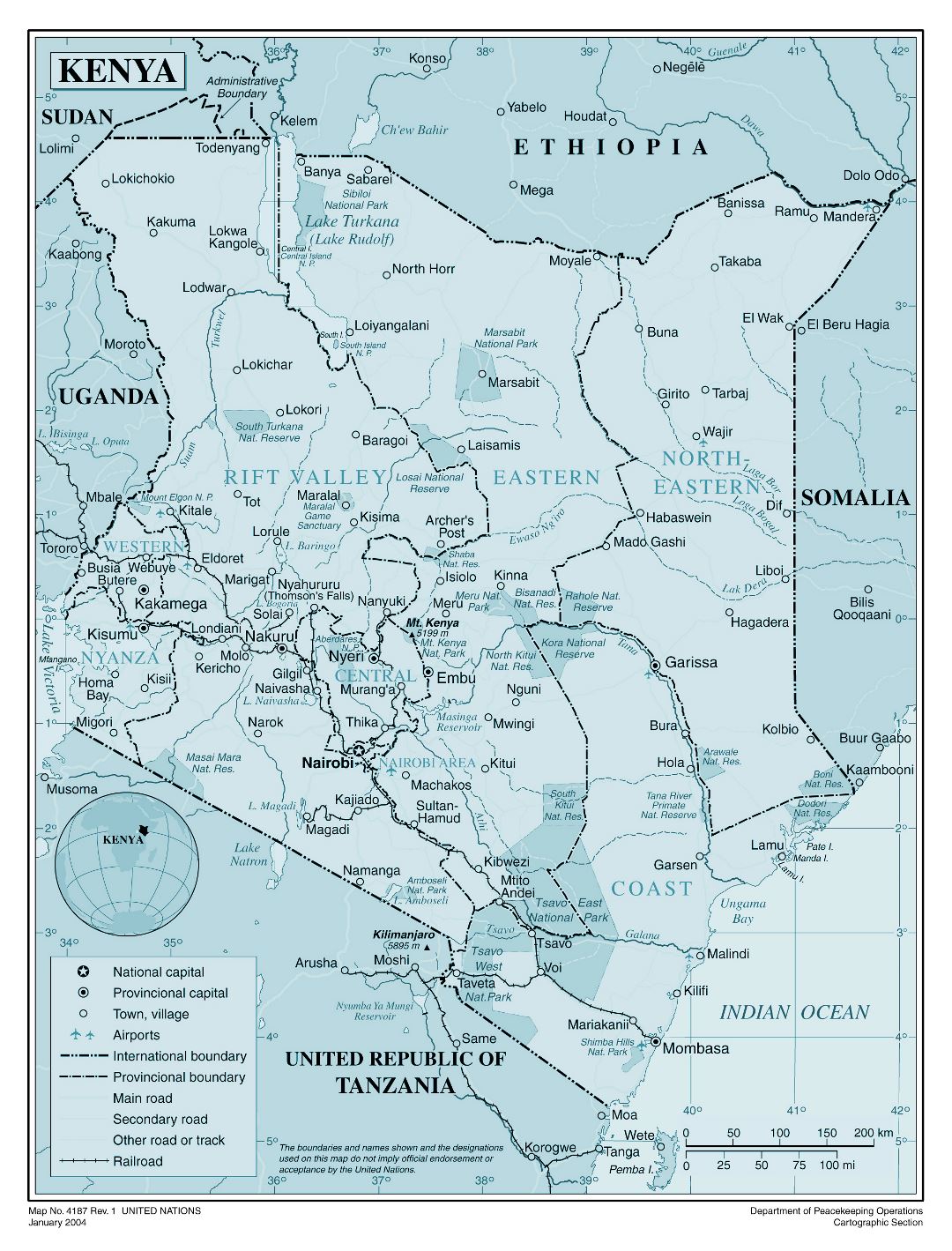 Большая детальная политическая и административная карта Кении со всеми городами, дорогами, железными дорогами и аэропортами