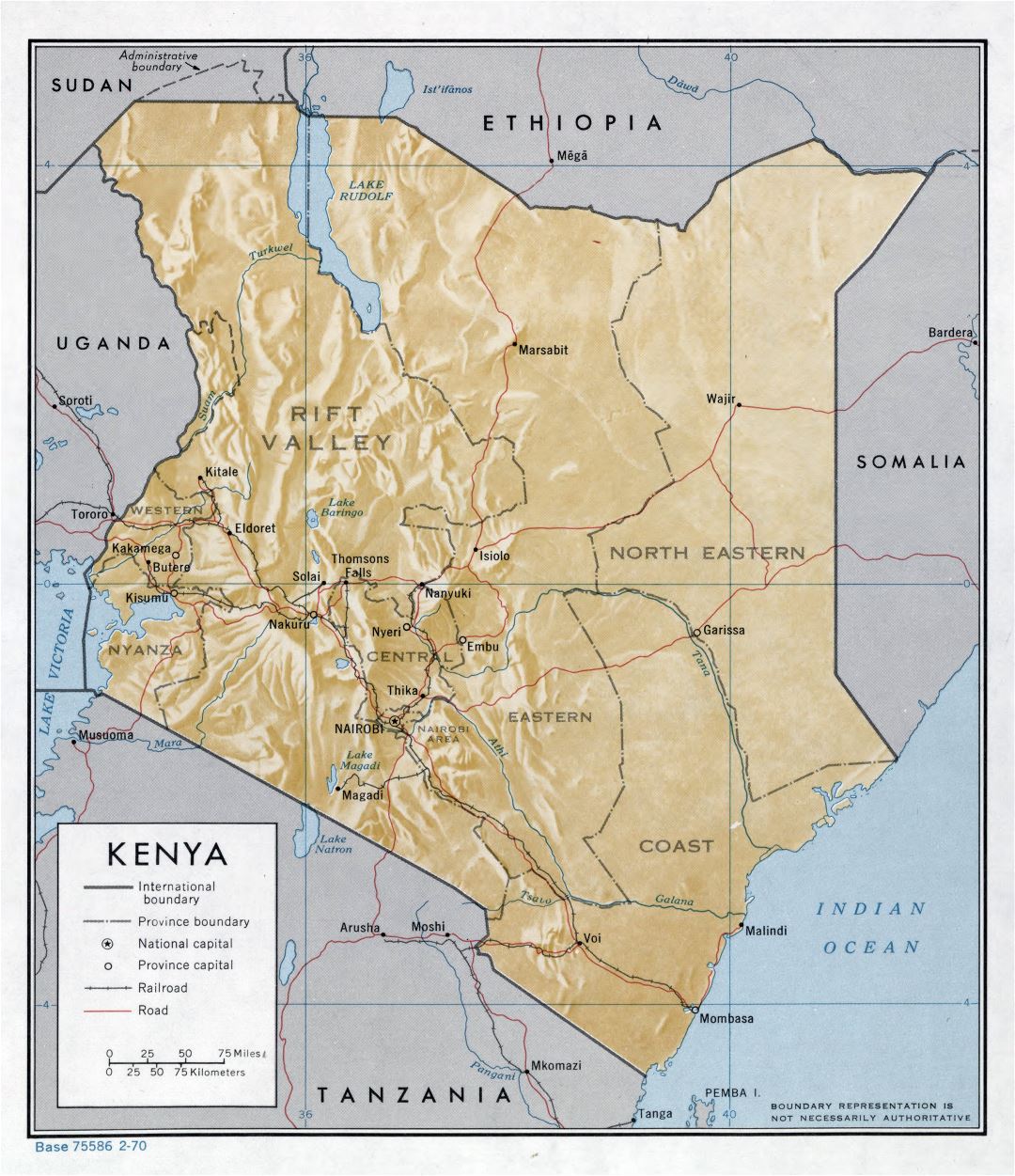 Большая детальная политическая и административная карта Кении с рельефом, дорогами, железными дорогами и крупными городами - 1970