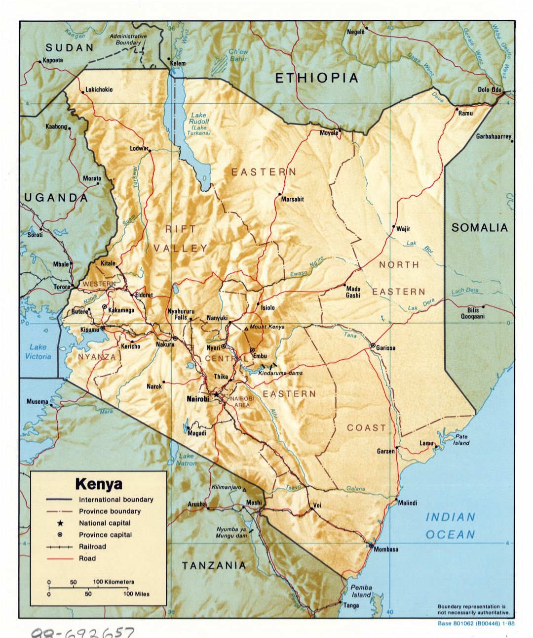 Большая детальная политическая и административная карта Кении с рельефом, дорогами, железными дорогами и крупными городами - 1988
