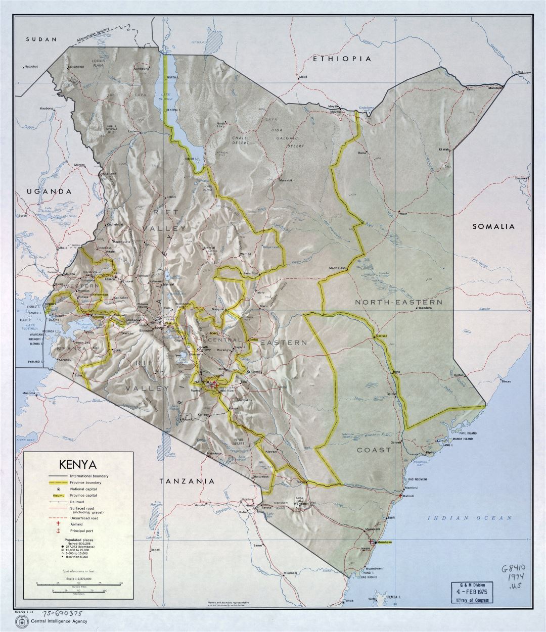 Большая детальная политическая и административная карта Кении с рельефом, дорогами, железными дорогами, городами, портами и аэропортами - 1974