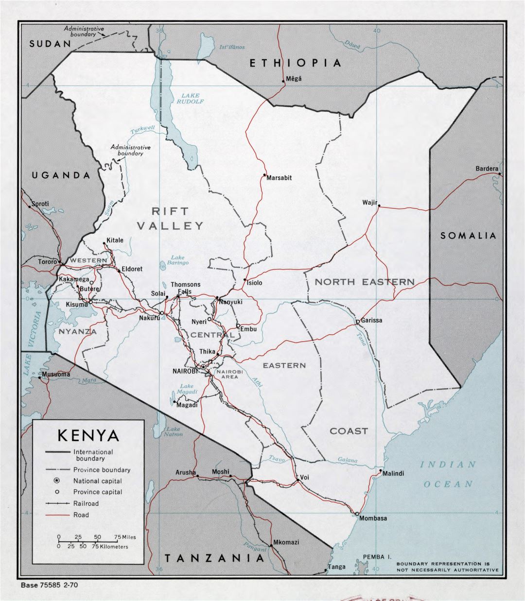 Большая детальная политическая и административная карта Кении с дорогами, железными дорогами и крупными городами - 1970