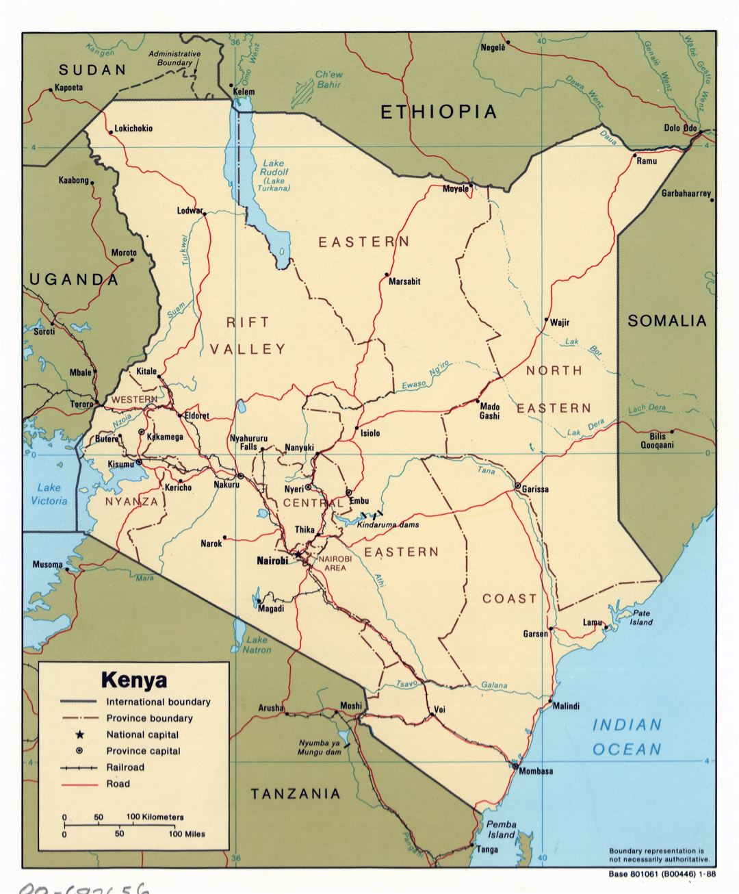 Большая детальная политическая и административная карта Кении с дорогами, железными дорогами и крупными городами - 1988