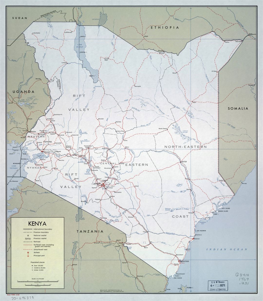 Большая детальная политическая и административная карта Кении с дорогами, железными дорогами, городами, портами и аэропортами - 1969