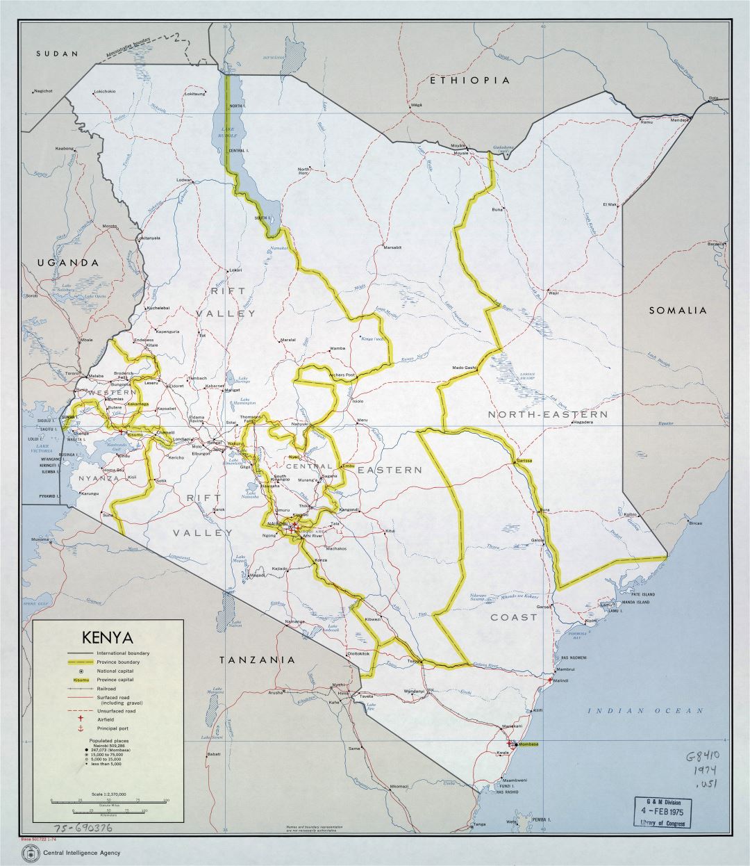 Большая детальная политическая и административная карта Кении с дорогами, железными дорогами, городами, портами и аэропортами - 1974