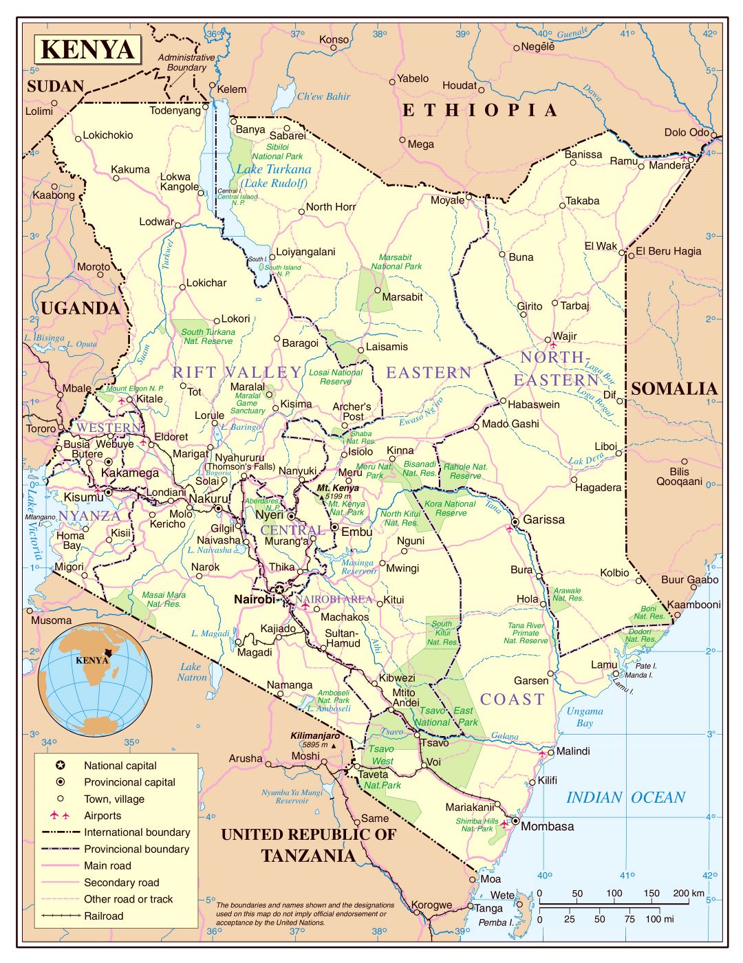 Большая детальная политическая и административная карта Кении с дорогами, железными дорогами, национальными парками, городами и аэропортами