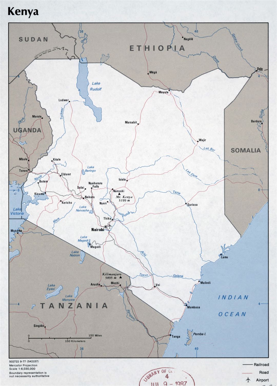 Большая детальная политическая карта Кении с дорогами, крупными городами и аэропортами - 1977