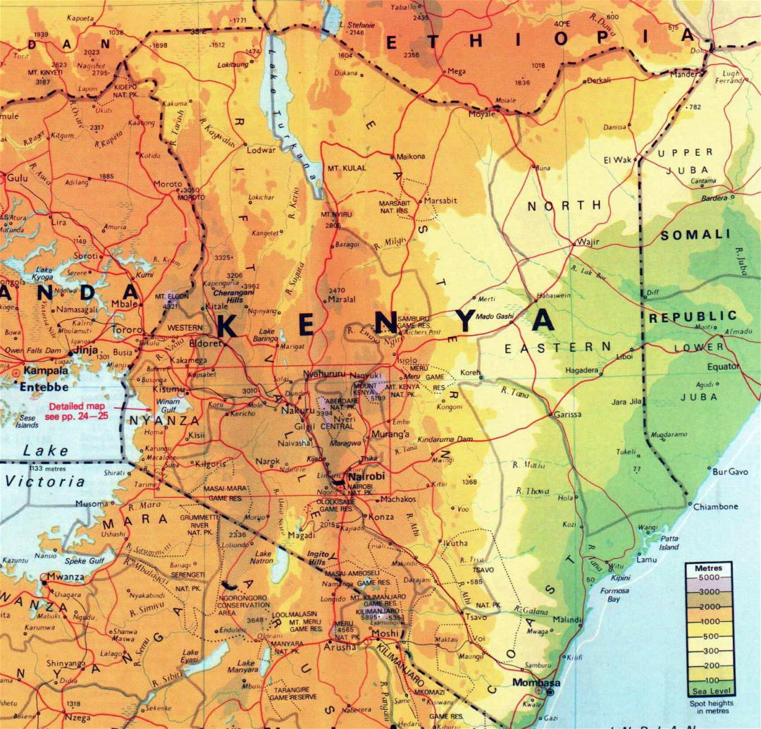 Большая карта высот Кении с другими пометками