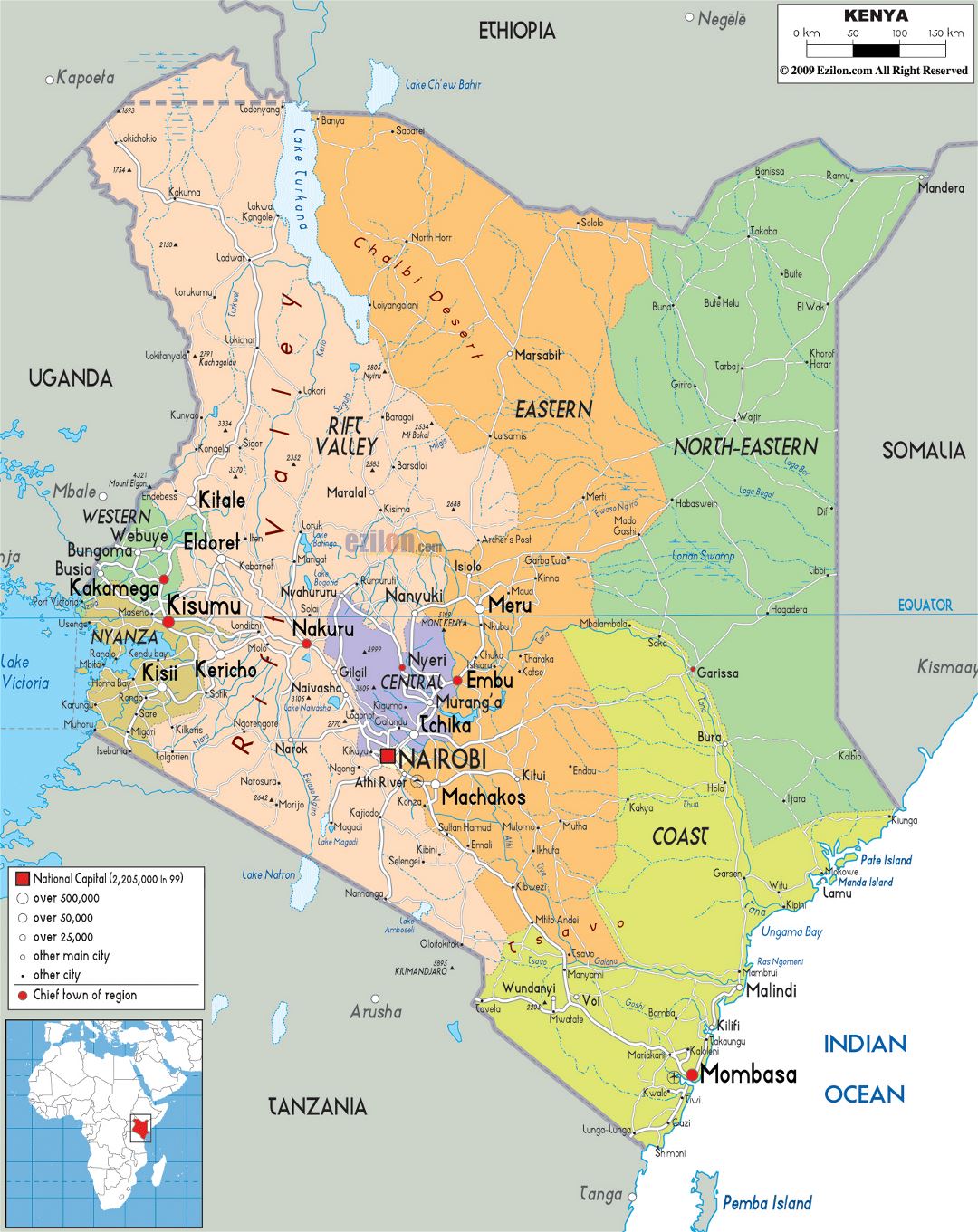 Большая политическая и административная карта Кении с дорогами, городами и аэропортами
