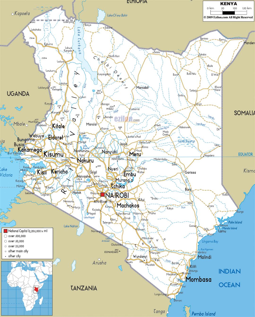Большая карта дорог Кении с городами и аэропортами