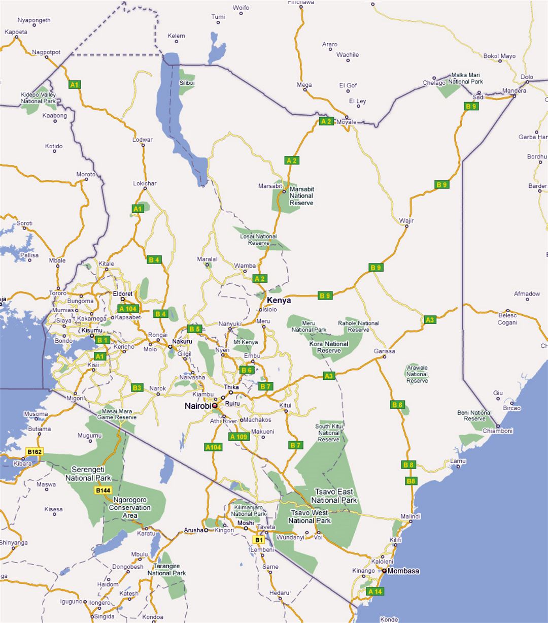 Большая карта дорог Кении с городами