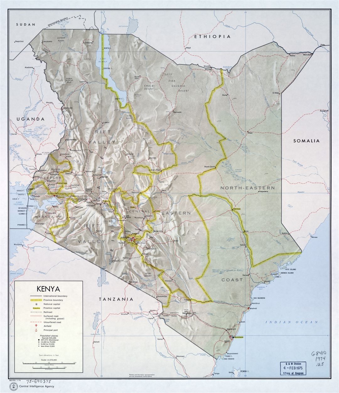 Крупномасштабная политическая и административная карта Кении с рельефом, дорогами, железными дорогами, городами, портами и аэропортами - 1974