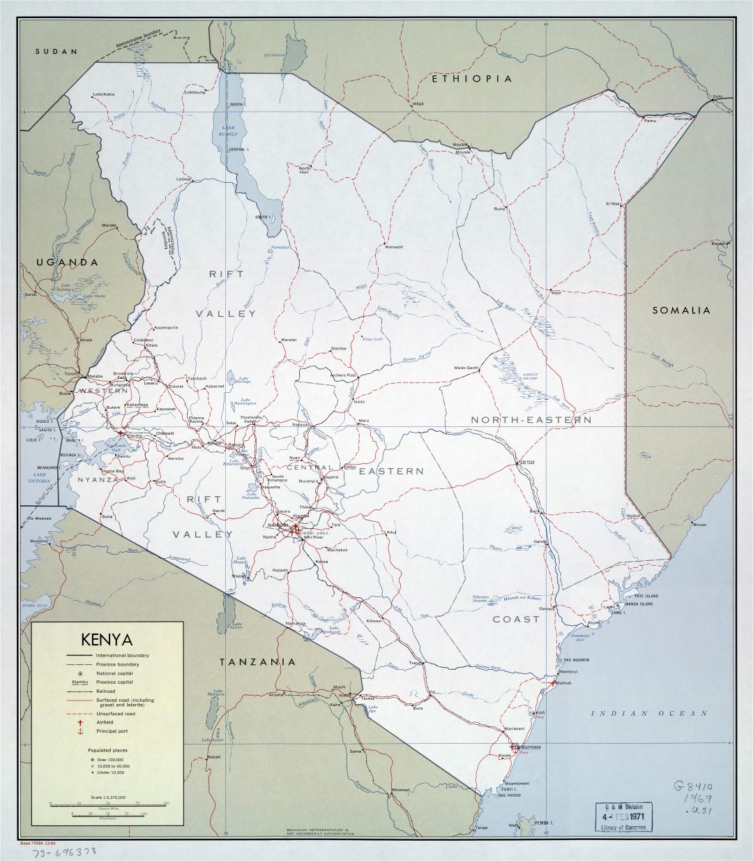 Крупномасштабная политическая и административная карта Кении с дорогами, железными дорогами, городами, портами и аэропортами - 1969