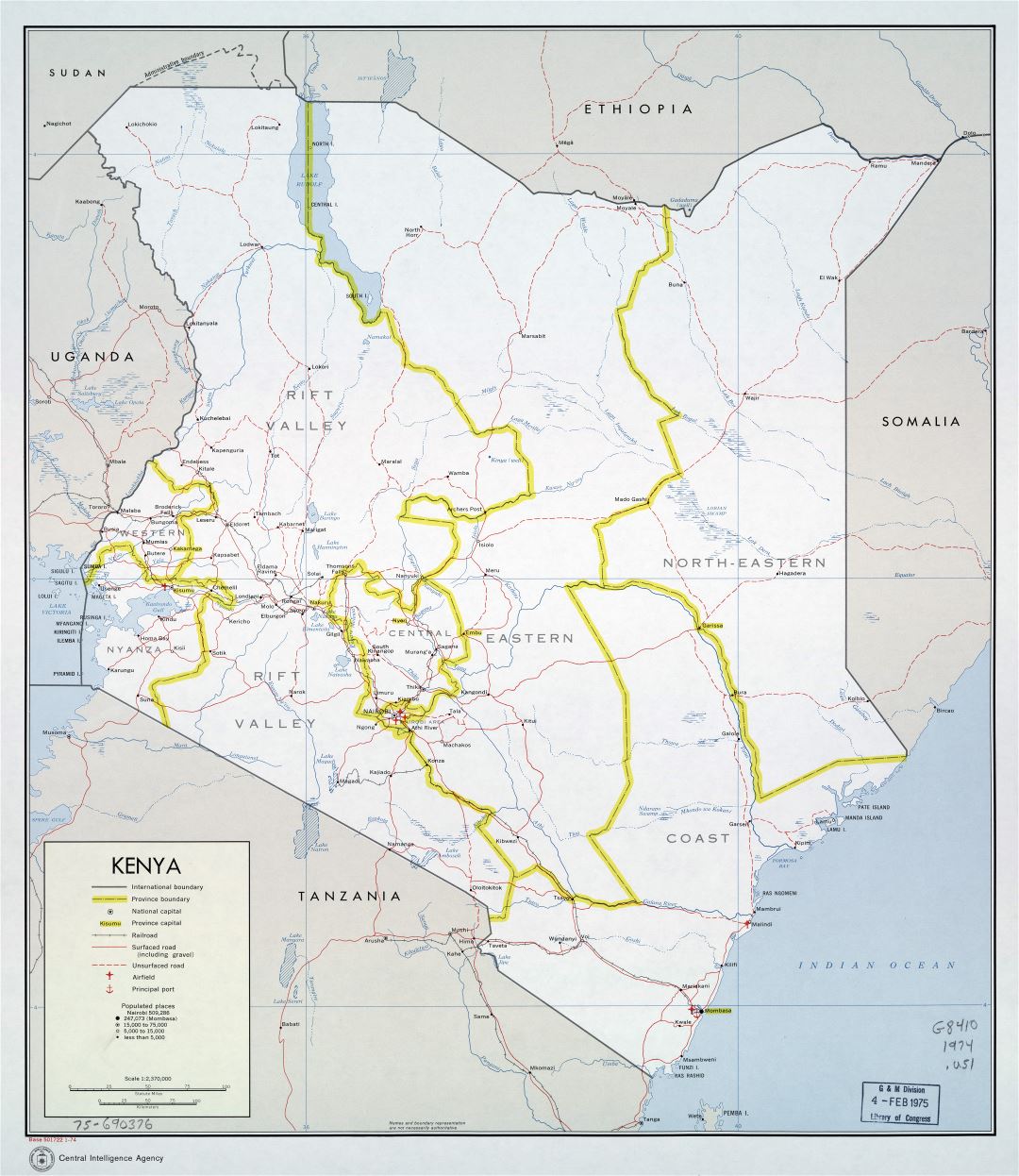 Крупномасштабная политическая и административная карта Кении с дорогами, железными дорогами, городами, портами и аэропортами - 1974