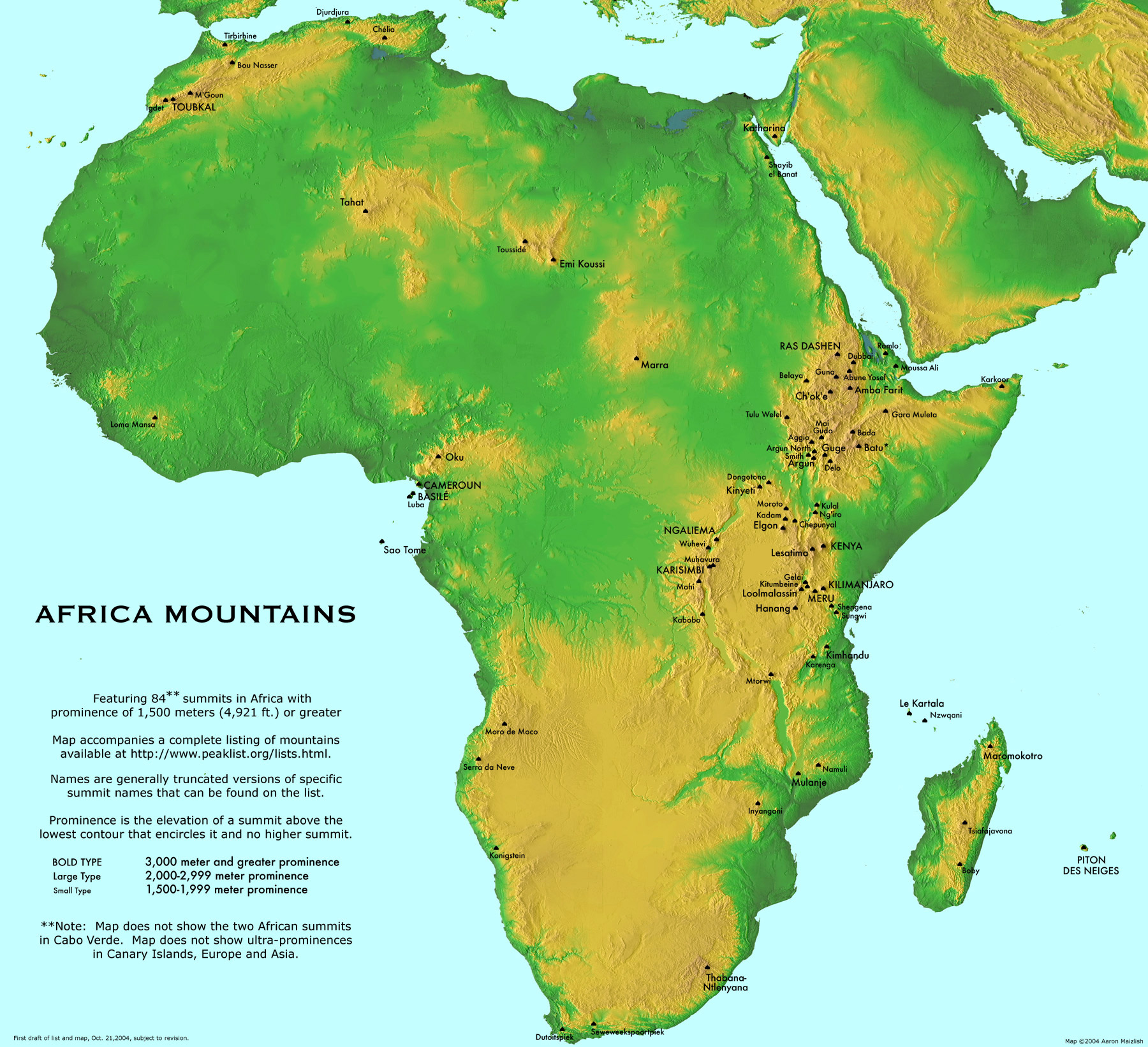 Большая подробная карта горных вершин Африки