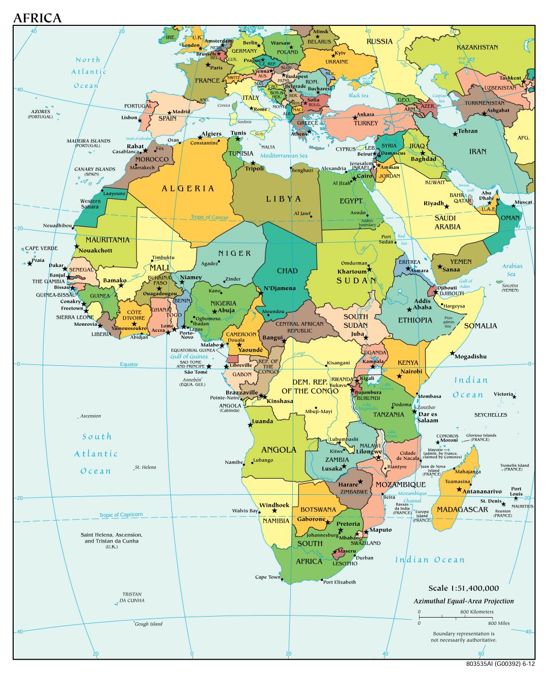 Большая подробная политическая карта Африки с крупными городами и столицами стран - 2012
