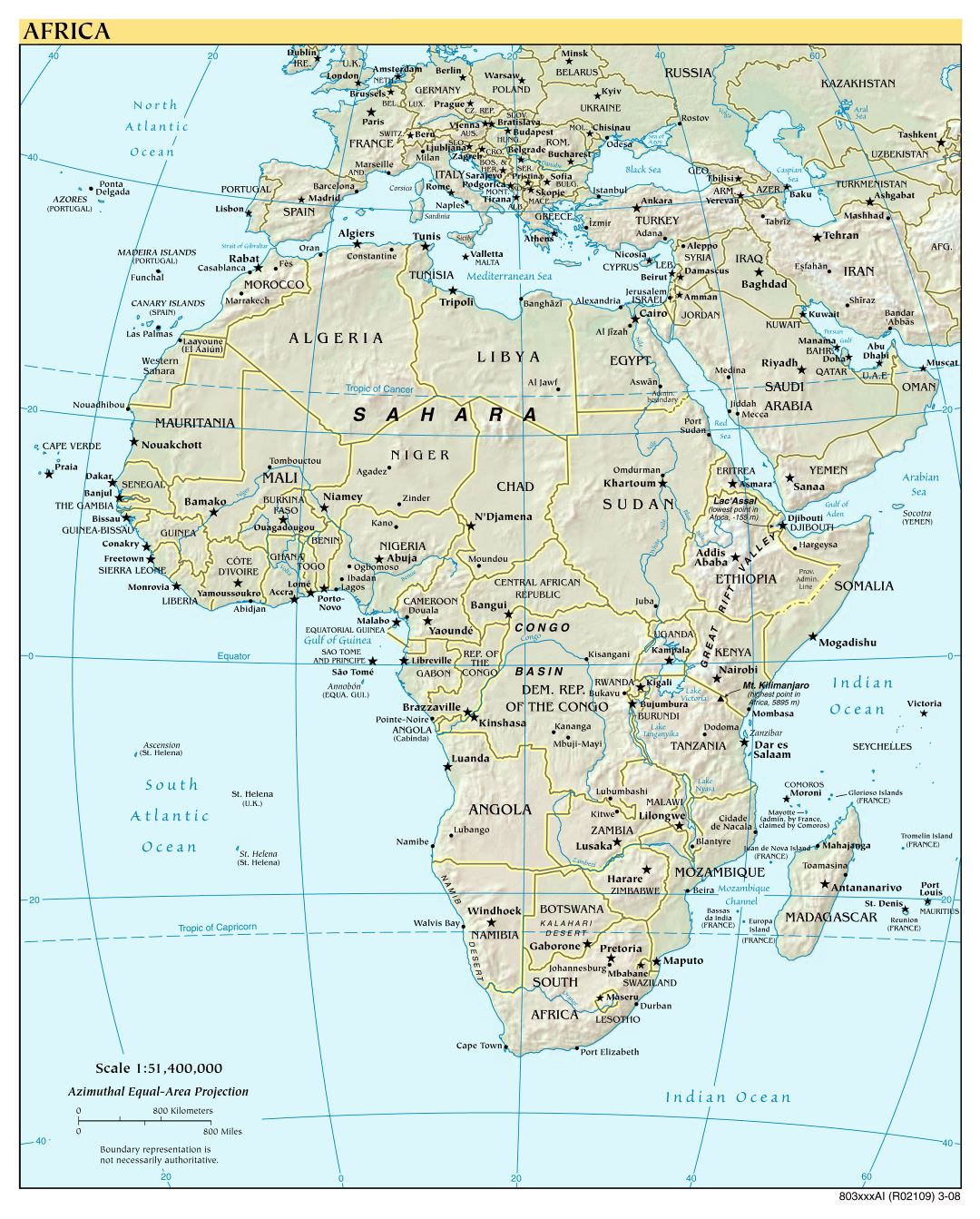 Большая подробная политическая карта Африки с рельефом и столицами стран - 2008
