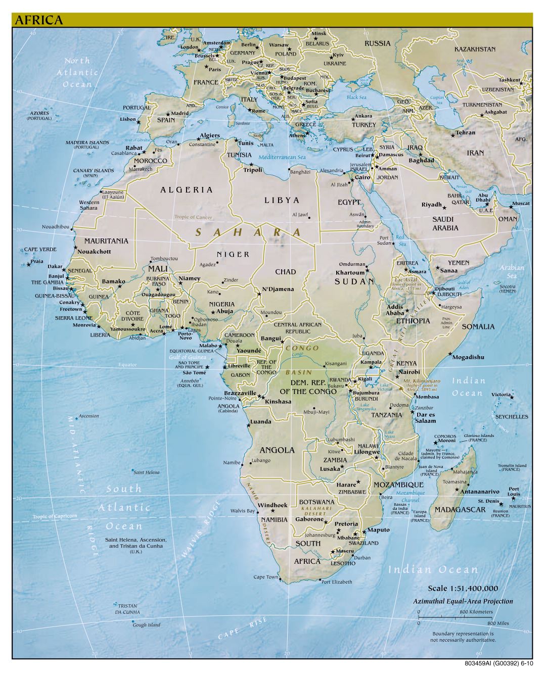 Большая подробная политическая карта Африки с рельефом и столицами стран 2010 года