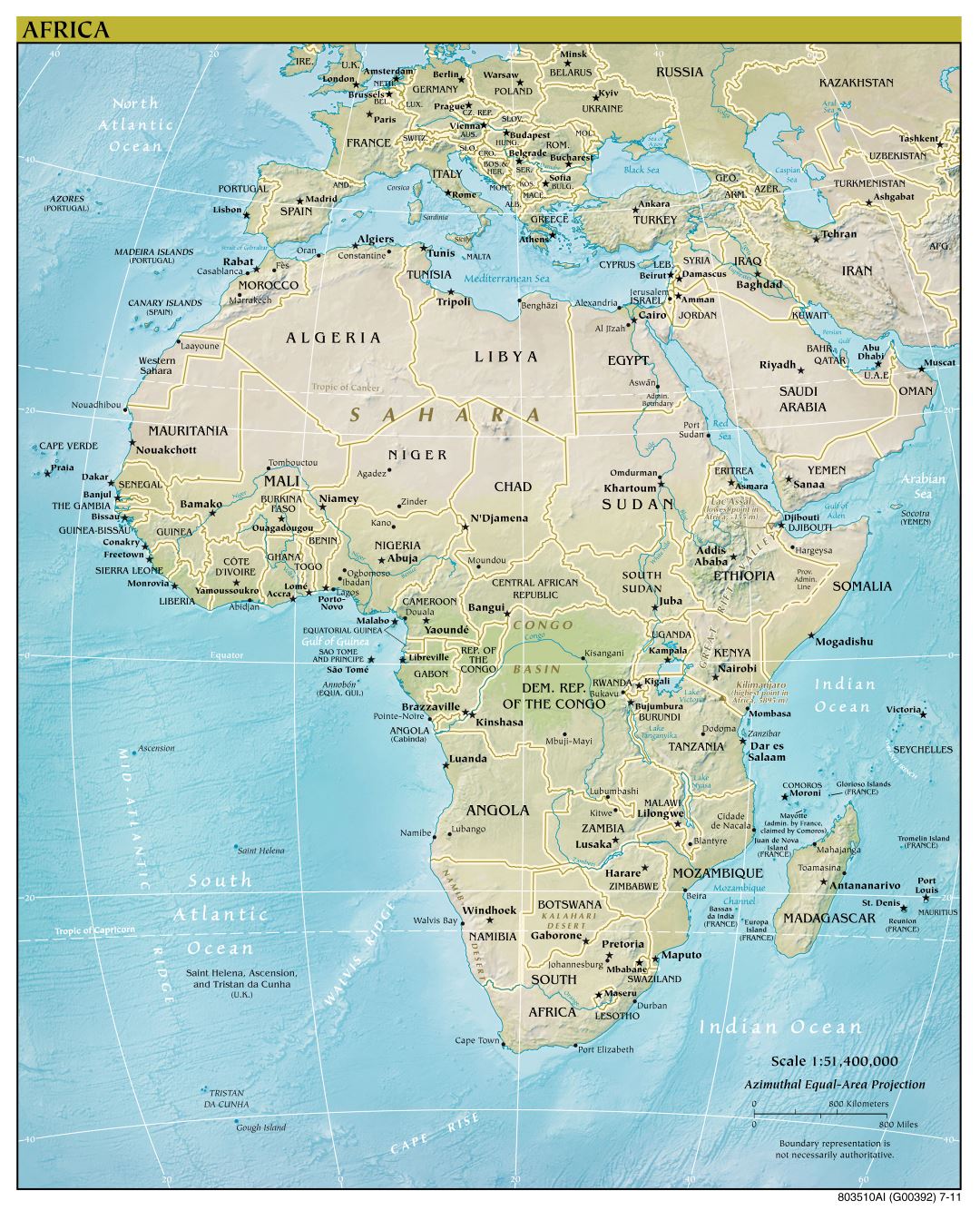 Большая детальная политическая карта Африканского континента с рельефом, крупными городами и столицами стран - 2011