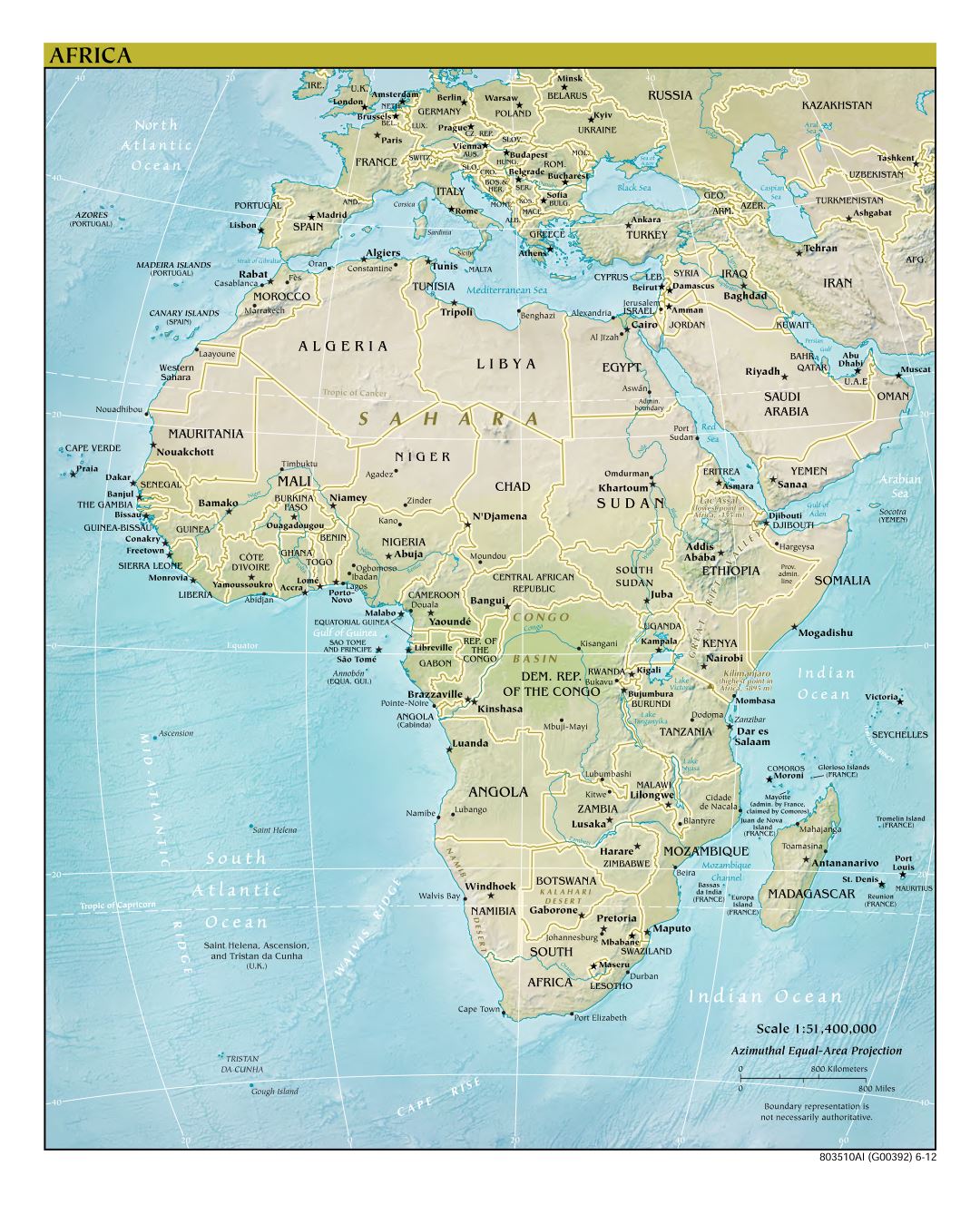 Большая подробная политическая карта Африки с рельефом, крупными городами и столицами - 2012