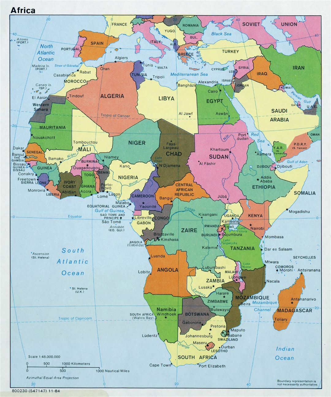 Большая политическая карта Африки со столицами - 1984