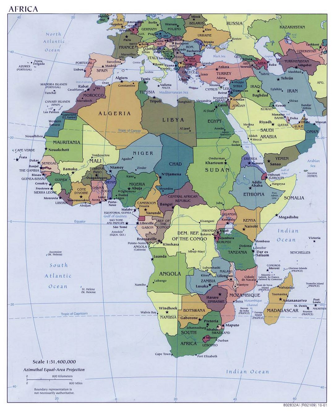 Большая политическая карта Африки со столицами стран - 2001