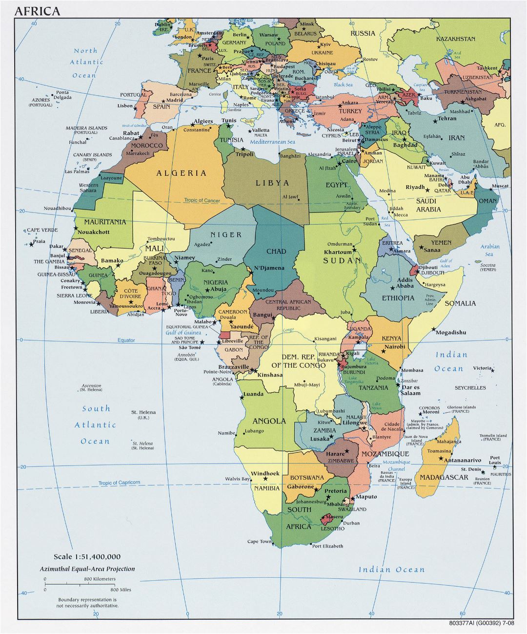 Большая политическая карта Африки с крупными городами и столицами стран - 2008