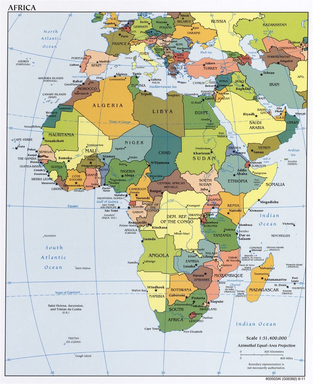 Большая политическая карта Африки со столицами и крупными городами - 2011
