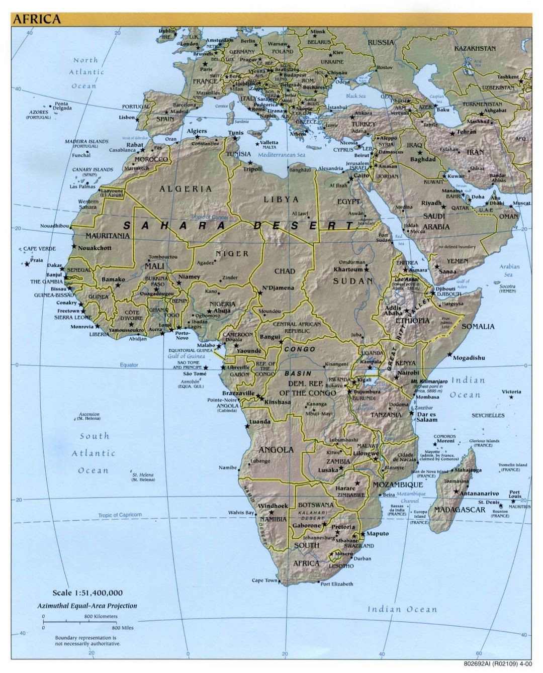 Большая политическая карта Африки с рельефом - 2000
