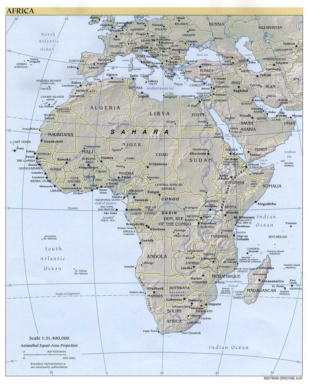 Большая политическая карта Африки с рельефом и столицами - 2001