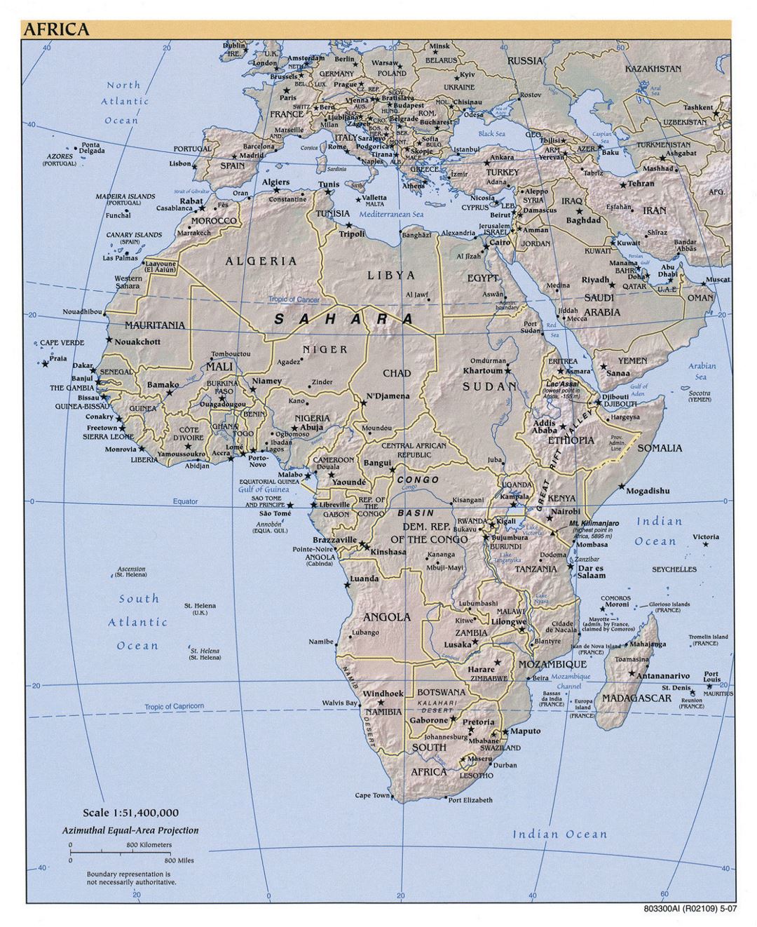 Большая политическая карта Африки с рельефом, крупными городами и столицами стран - 2007