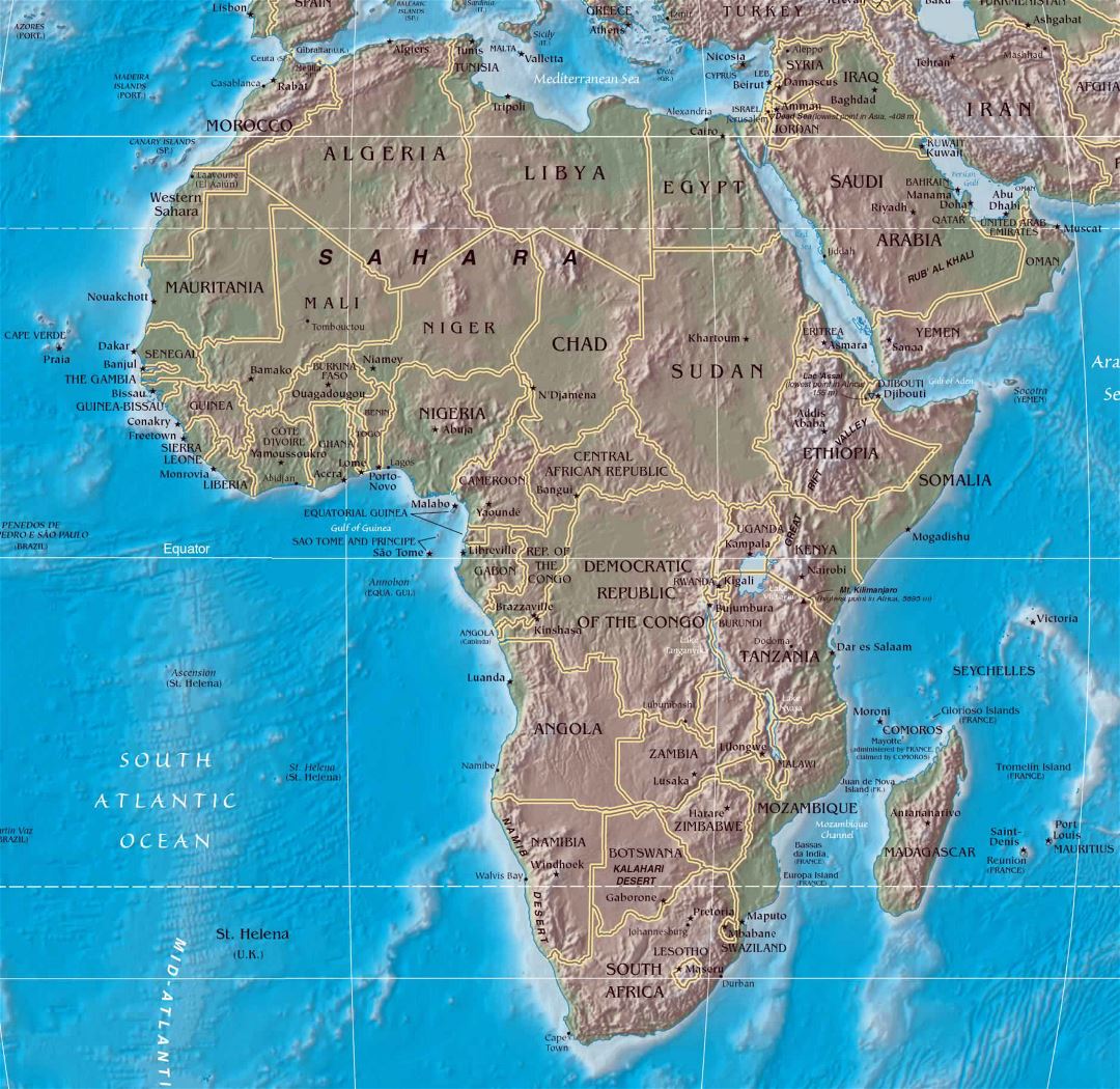 Большая политическая карта Африки с рельефом