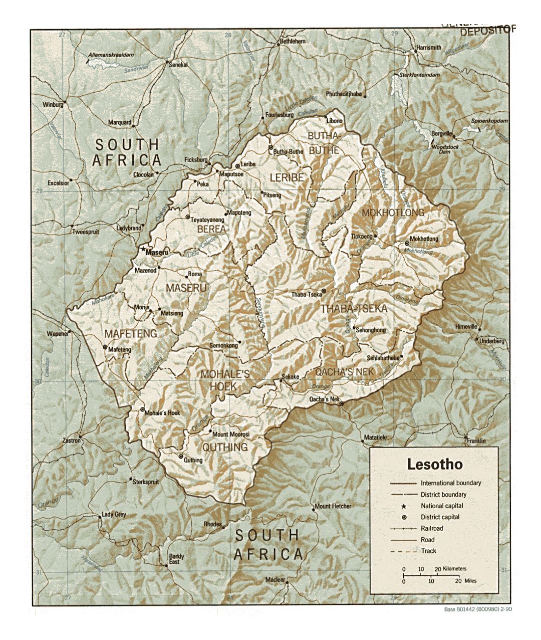 Детальная политическая и административная карта Лесото с рельефом, дорогами, железными дорогами и крупными городами - 1990