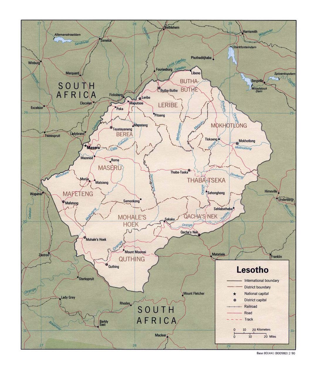 Детальная политическая и административная карта Лесото с дорогами, железными дорогами и крупными городами - 1990