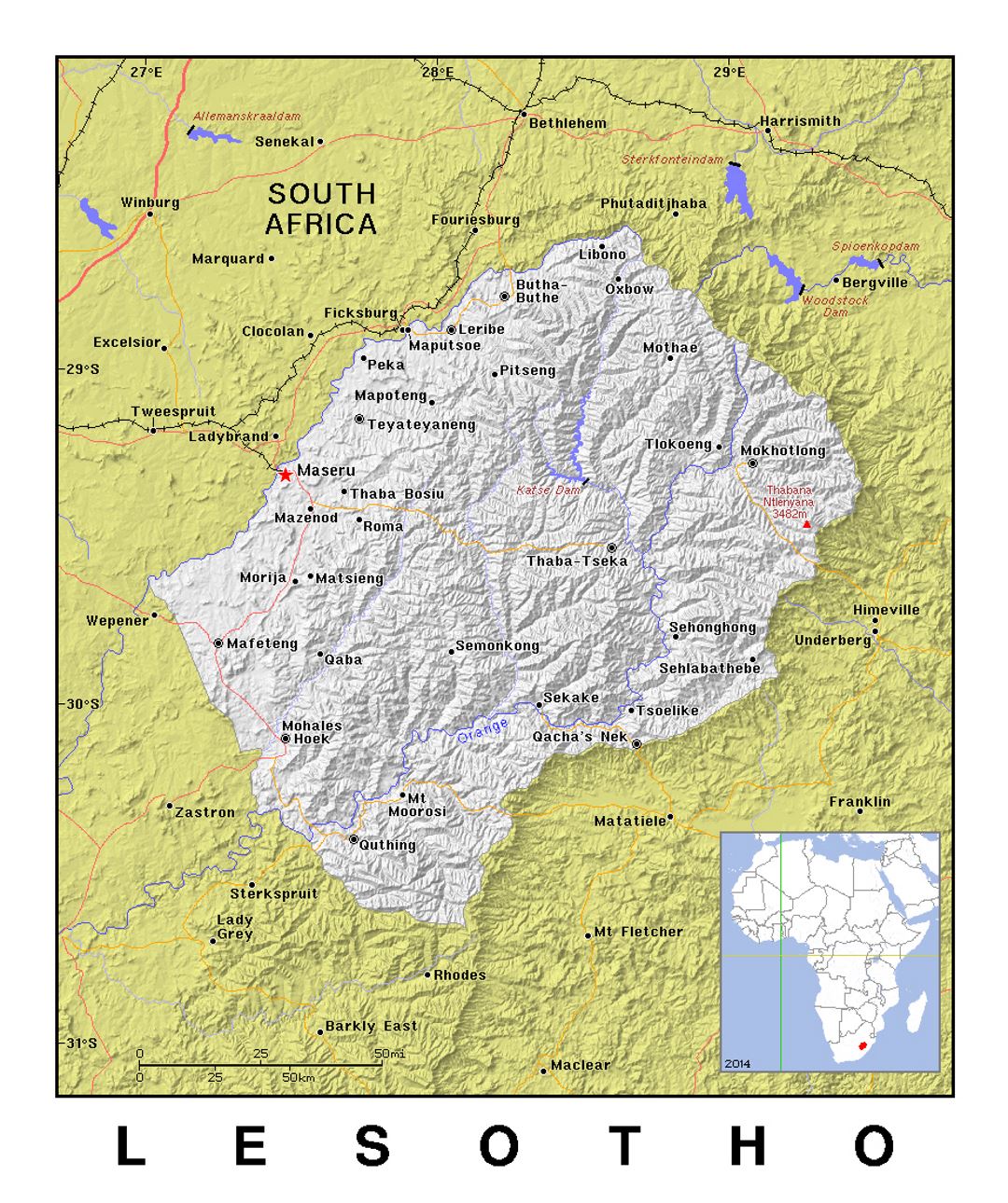 Детальная политическая карта Лесото с рельефом
