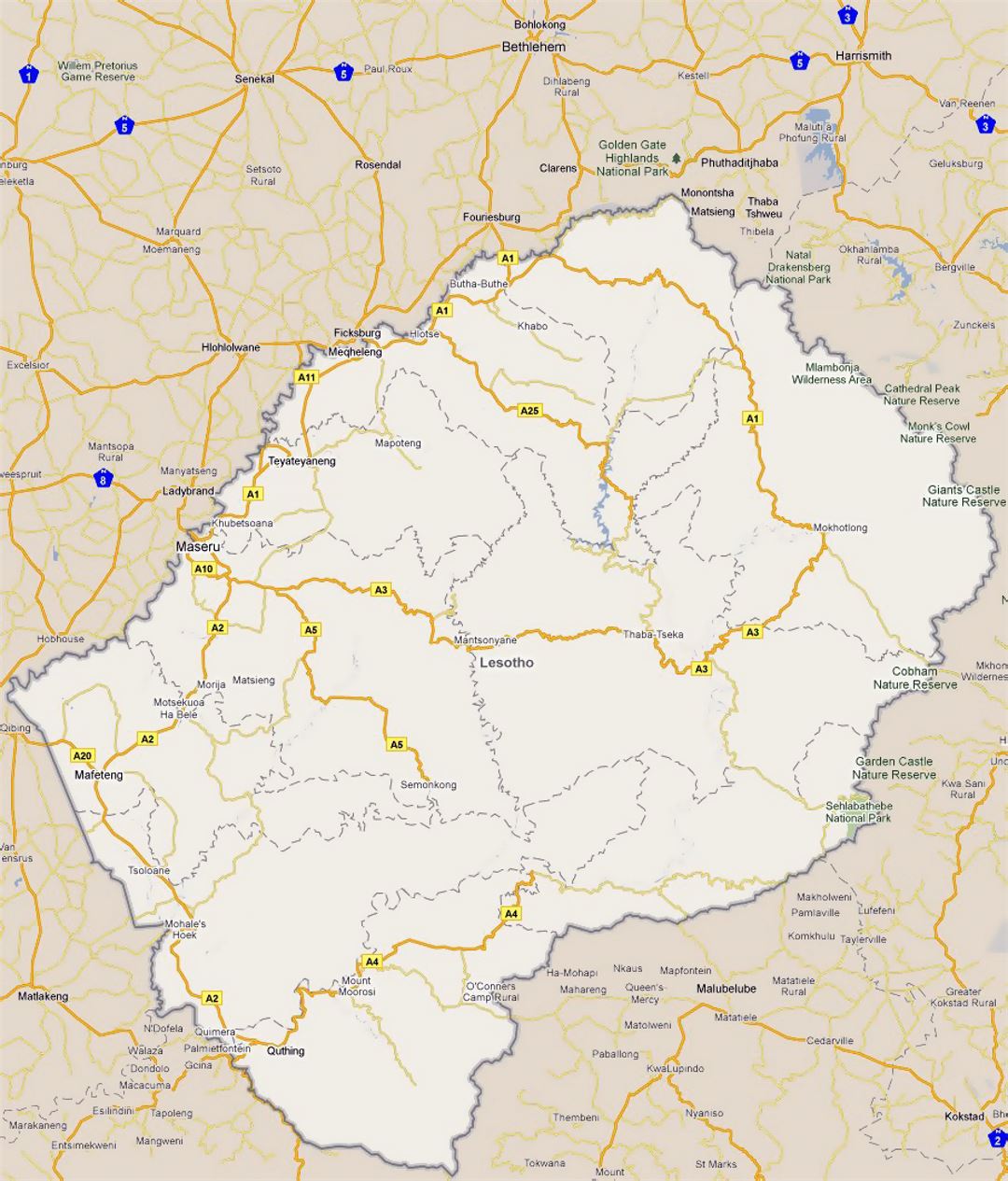 Детальная карта дорог Лесото с городами