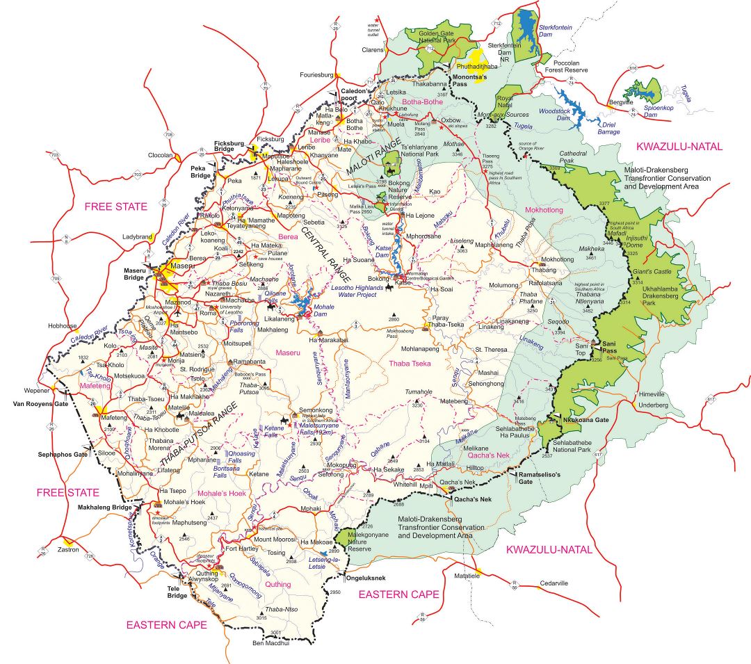 Большая детальная карта Лесото с прочими пометками