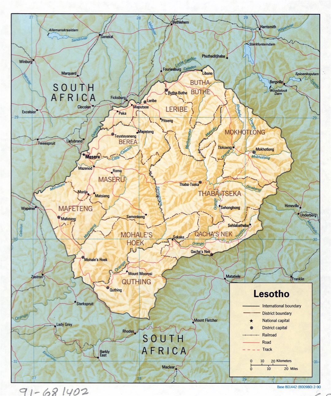 Большая детальная политическая и административная карта Лесото с рельефом, дорогами, железными дорогами и крупными городами - 1990