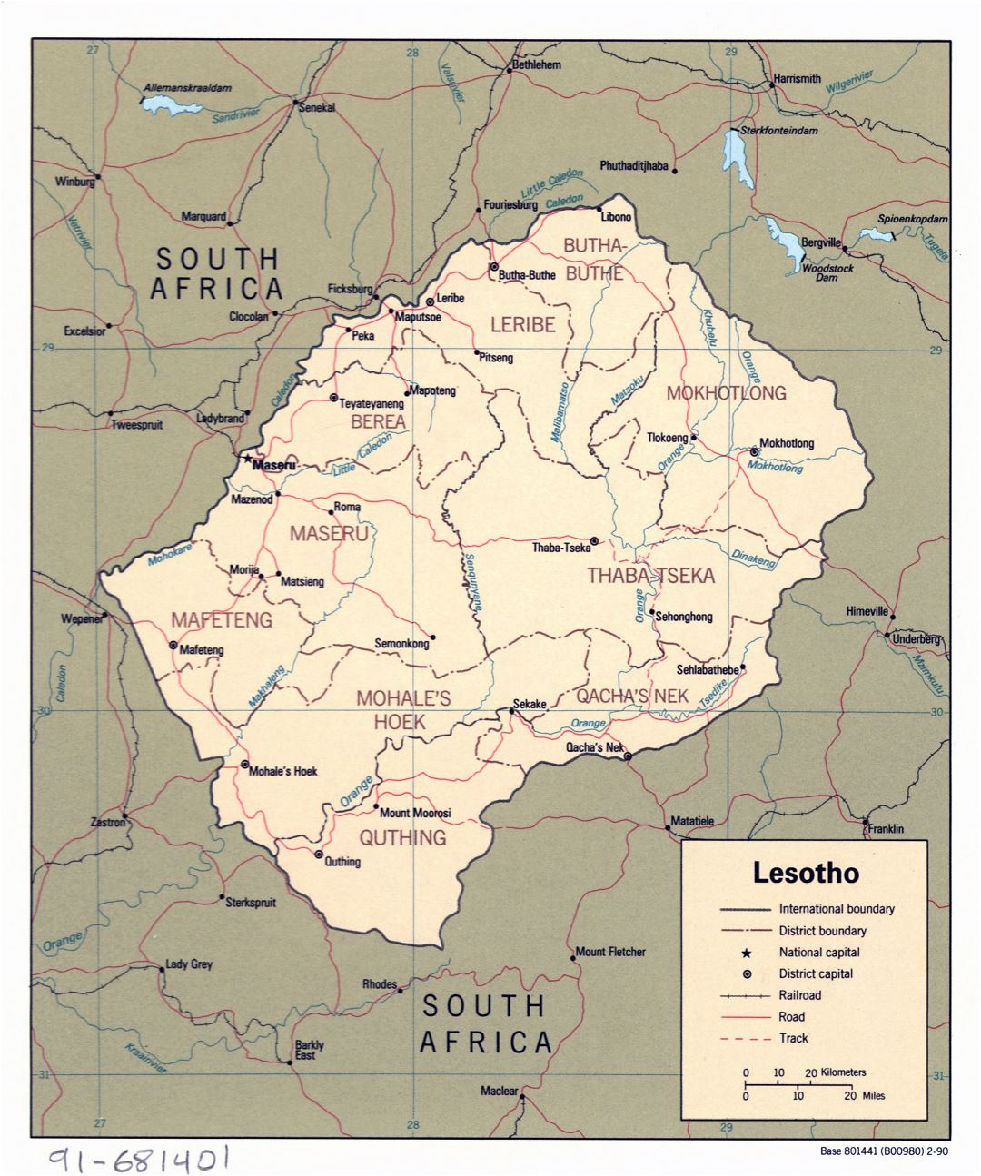 Большая детальная политическая и административная карта Лесото с дорогами, железными дорогами и крупными городами - 1990