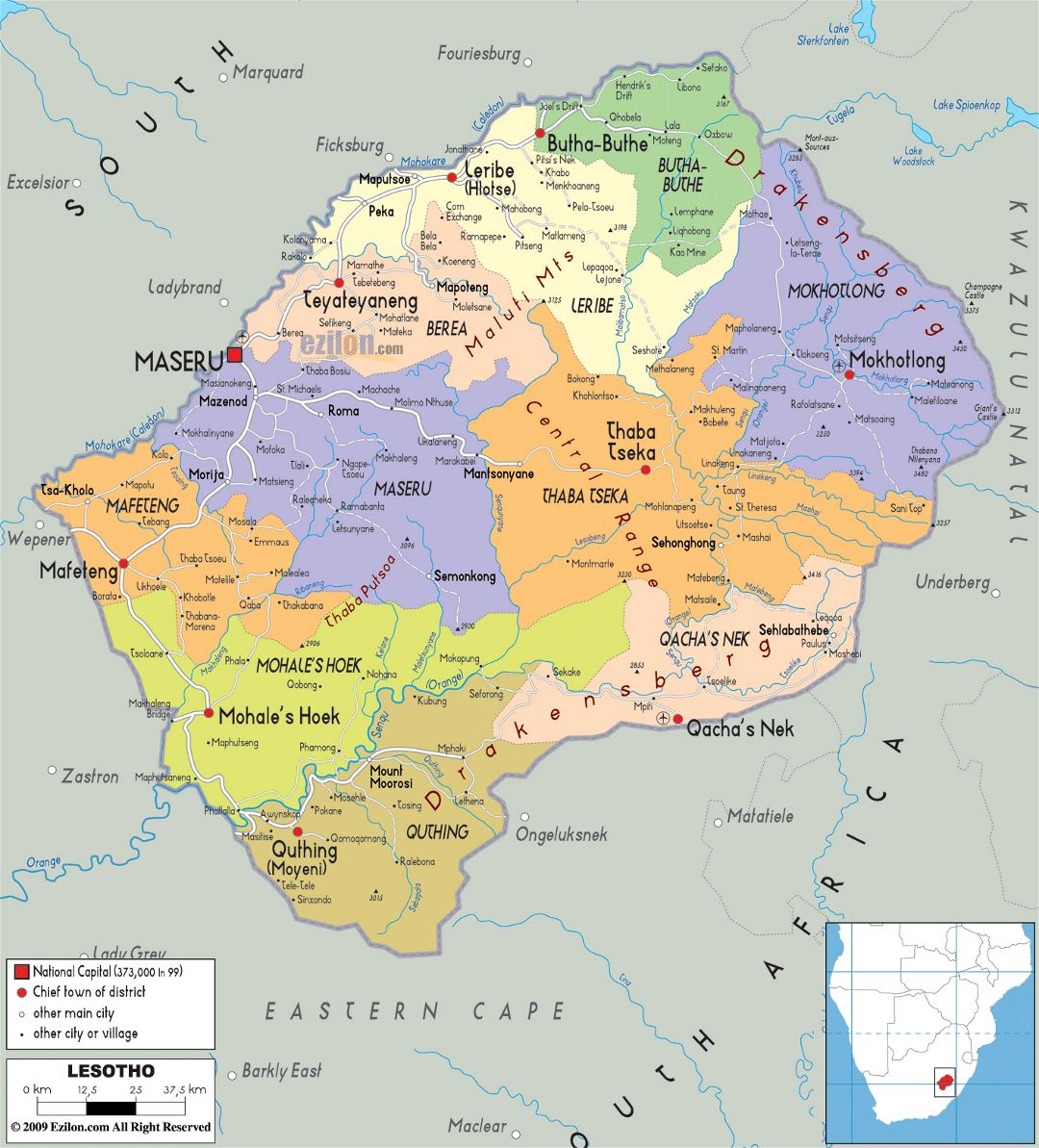 Большая политическая и административная карта Лесото с дорогами, городами и аэропортами