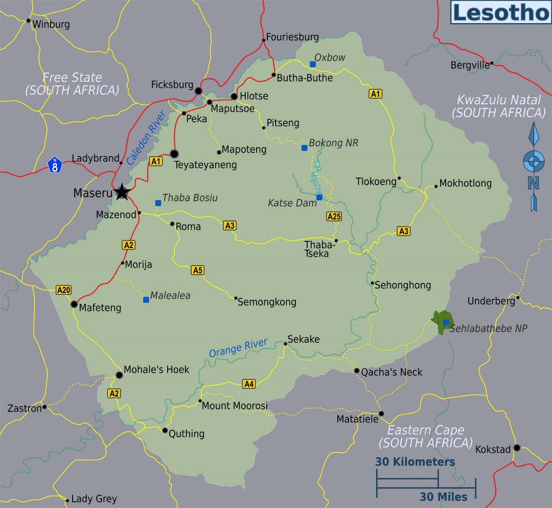 Большая политическая карта Лесото