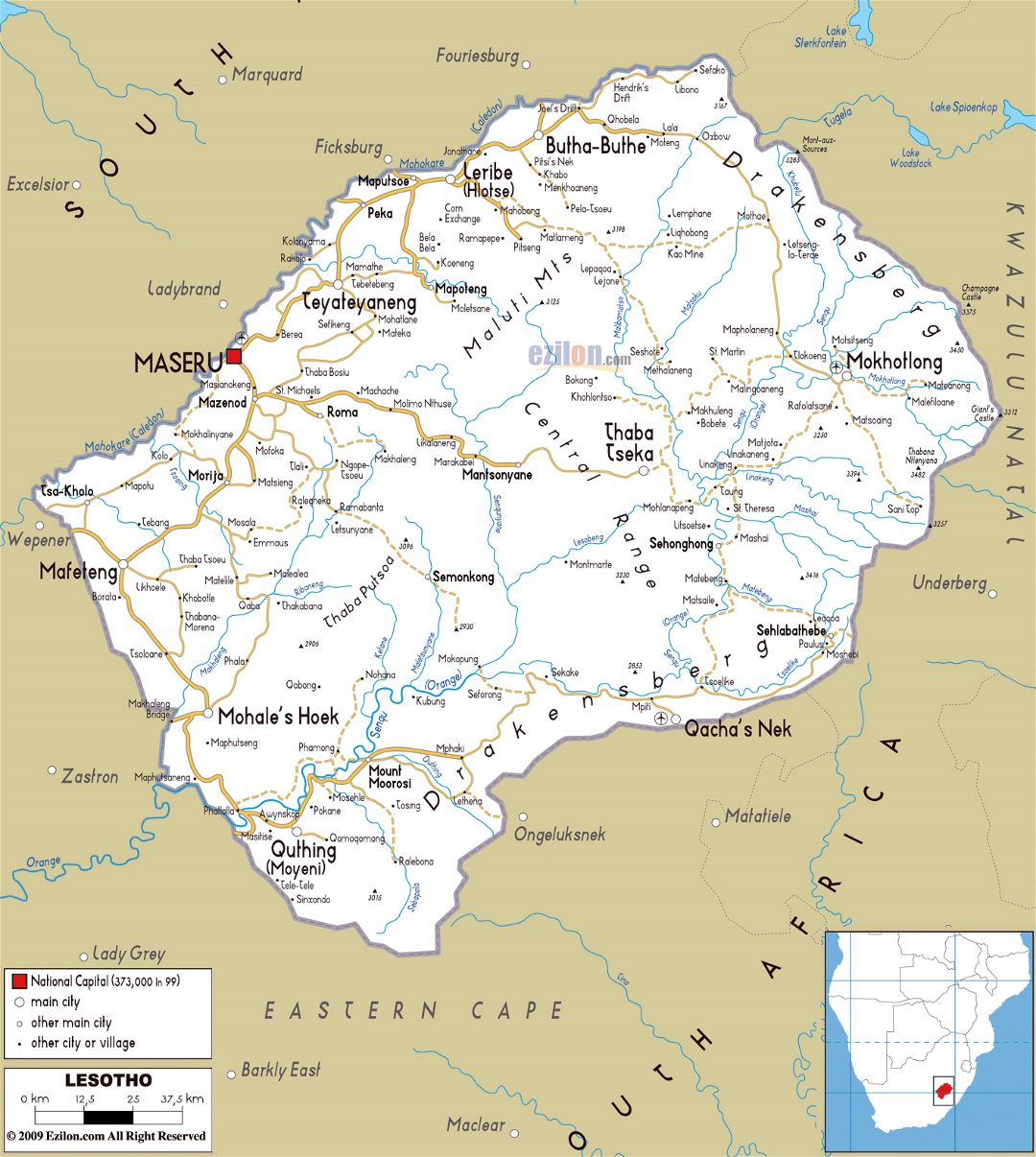 Большая карта дорог Лесото с городами и аэропортами