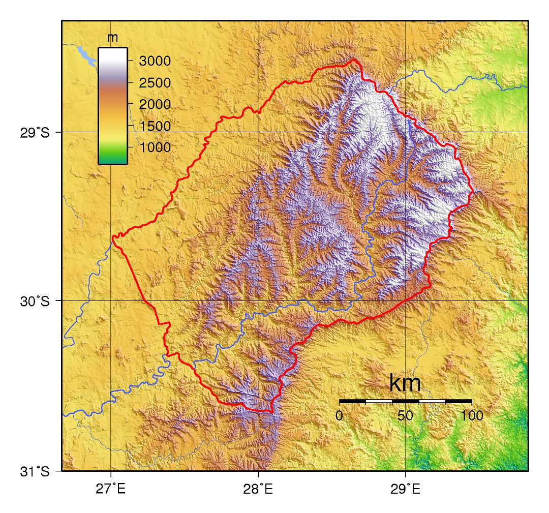 Большая топографическая карта Лесото