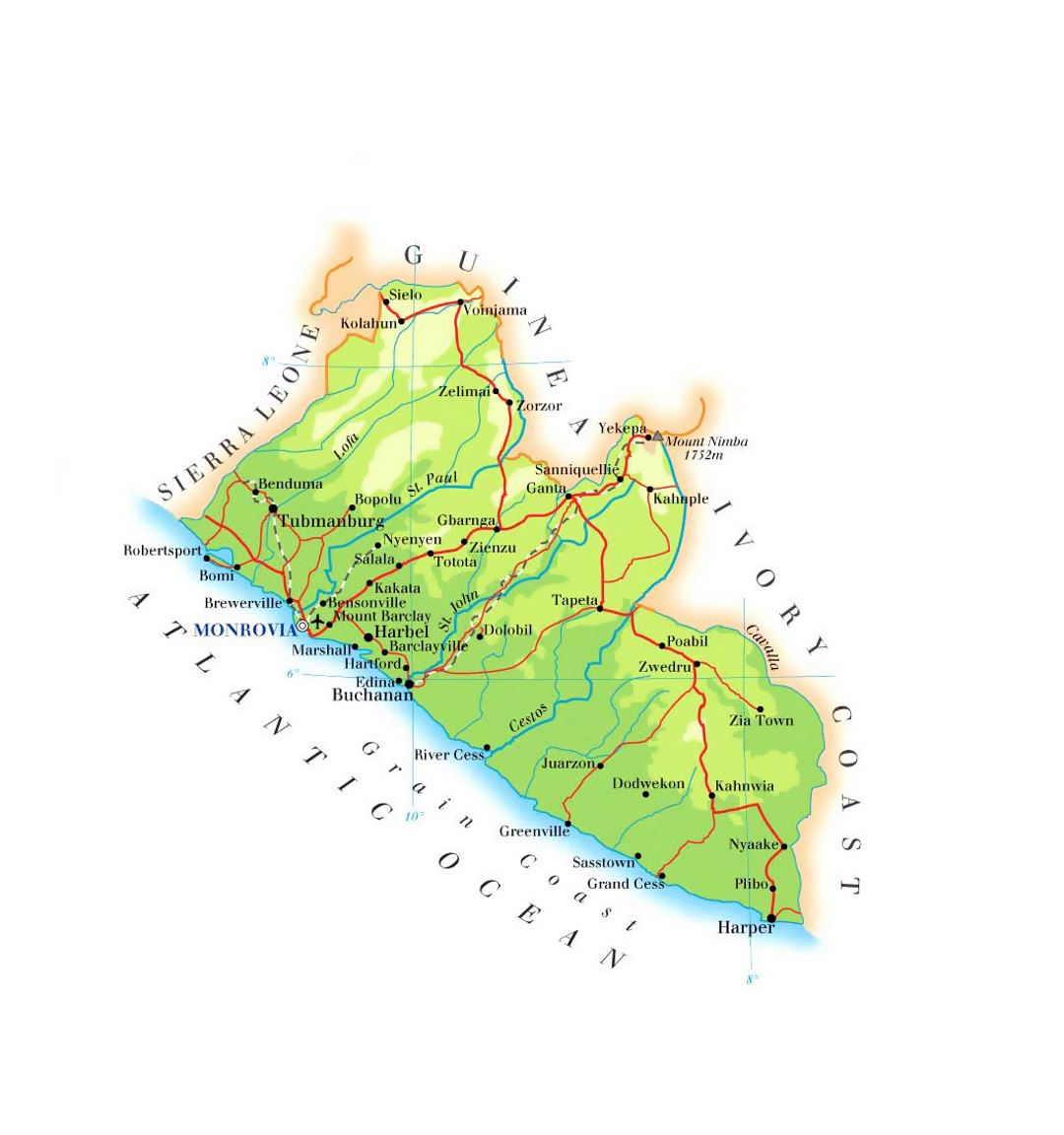 Детальная карта высот Либерии с дорогами, городами и аэропортами