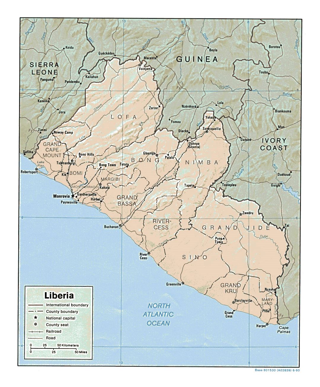Детальная политическая и административная карта Либерии с рельефом, дорогами, железными дорогами и крупными городами - 1990