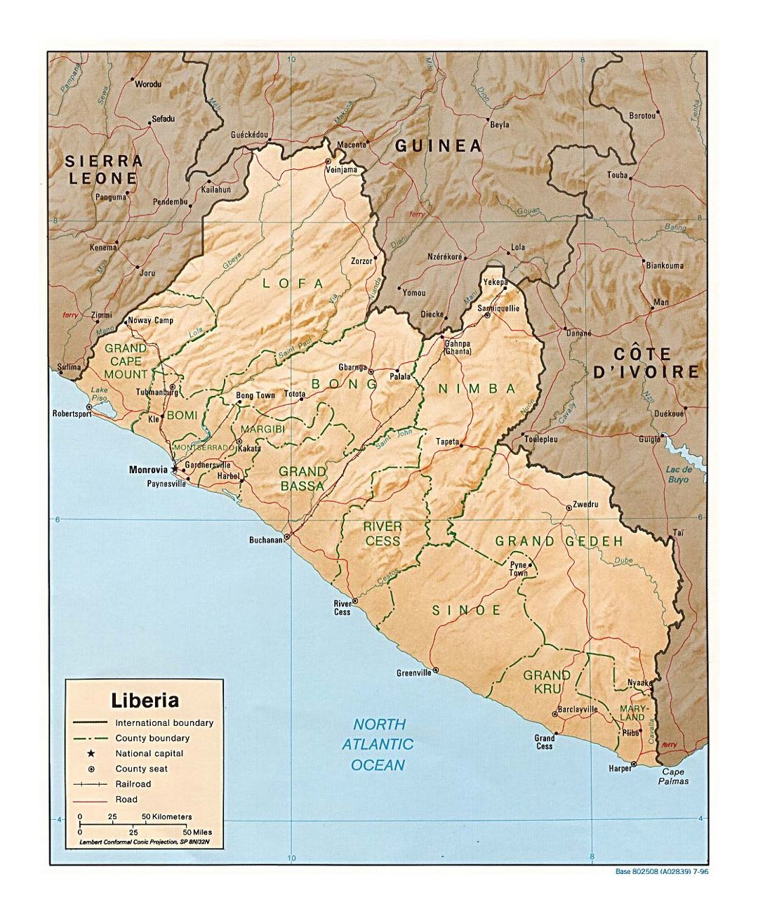 Детальная политическая и административная карта Либерии с рельефом, дорогами, железными дорогами и крупными городами - 1996