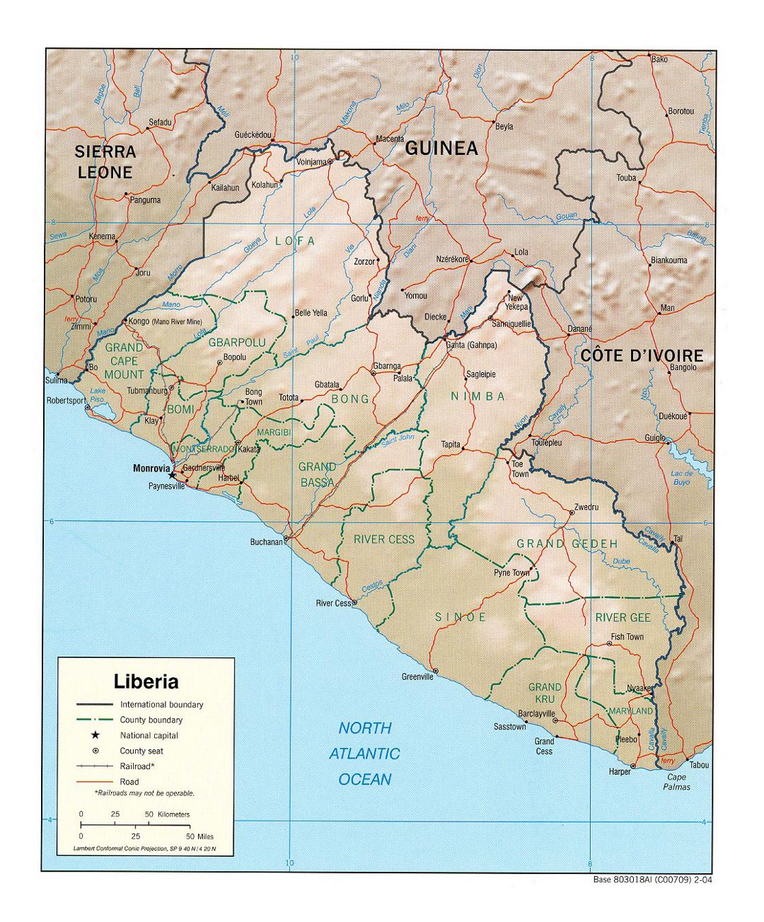 Детальная политическая и административная карта Либерии с рельефом, дорогами, железными дорогами и крупными городами - 2004