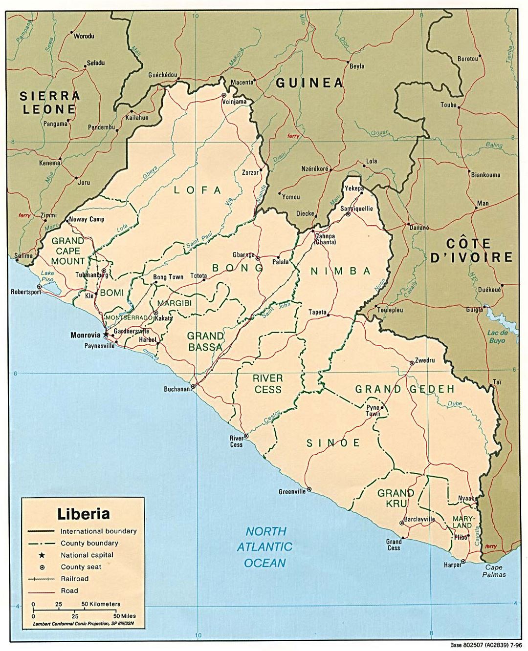 Детальная политическая и административная карта Либерии с дорогами, железными дорогами и крупными городами - 1996