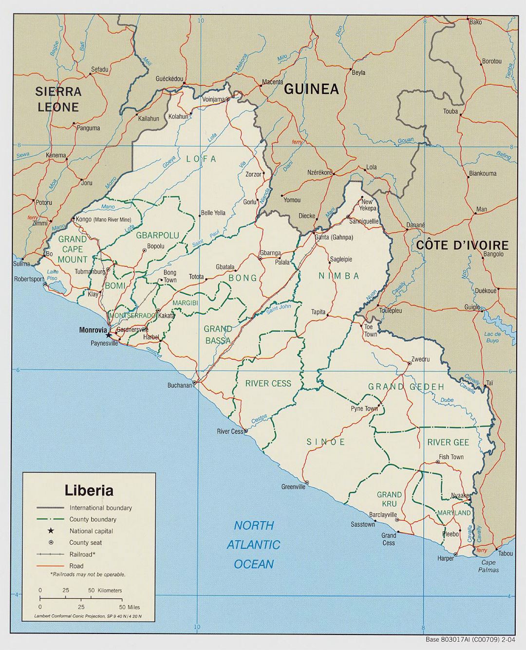 Детальная политическая и административная карта Либерии с дорогами, железными дорогами и крупными городами - 2004