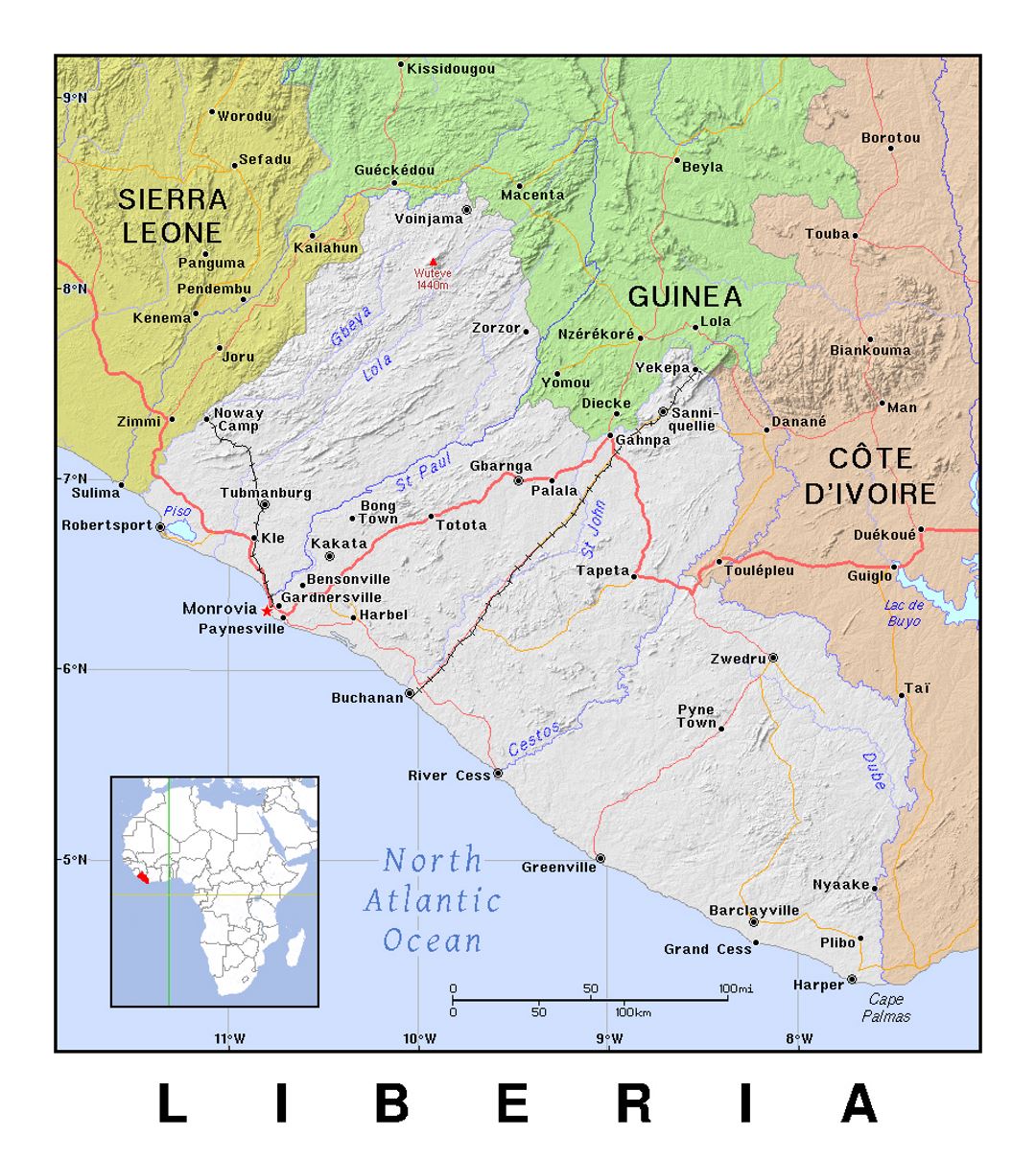 Детальная политическая карта Либерии с рельефом